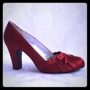 Red Satin Pleated Toe Pumps
